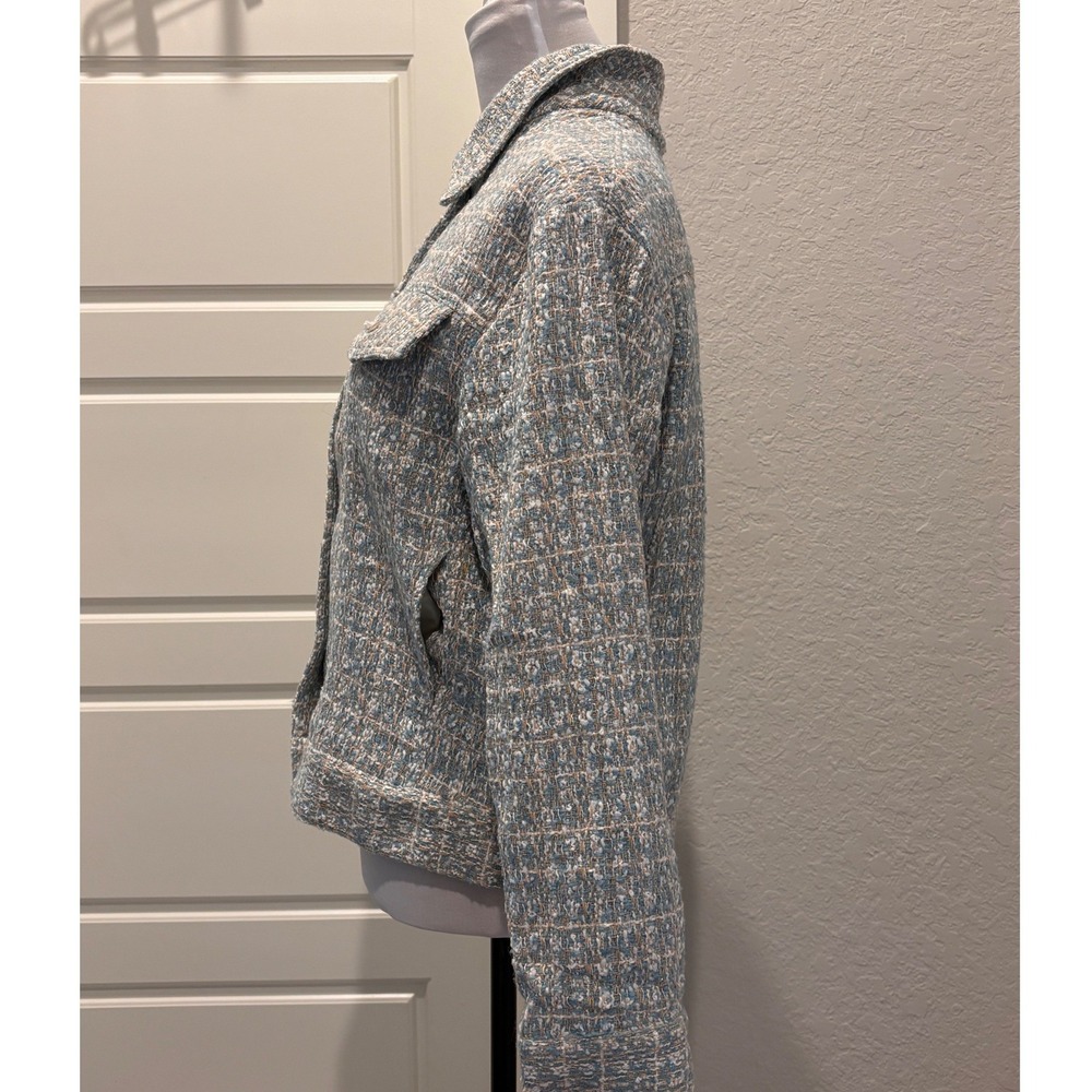 Olivaceous Tweed Jacket Women Small Blue Cream Plaid Old Money Preppy - Picture 2 of 8